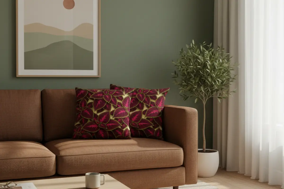 Modern studio apartment with walnut brown sofa styled with Begonia Rex pillow designs creating focal botanical accents