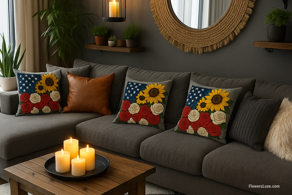 Modern gray sectional sofa with Americana-style floral pillows featuring sunflowers and roses in a warm-toned living room.