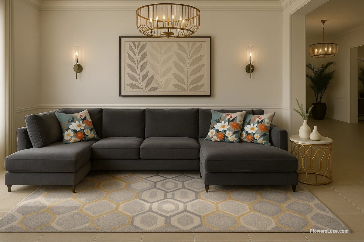 Deep gray L-shaped sofa with bold floral-patterned pillows in a neutral-toned living room.