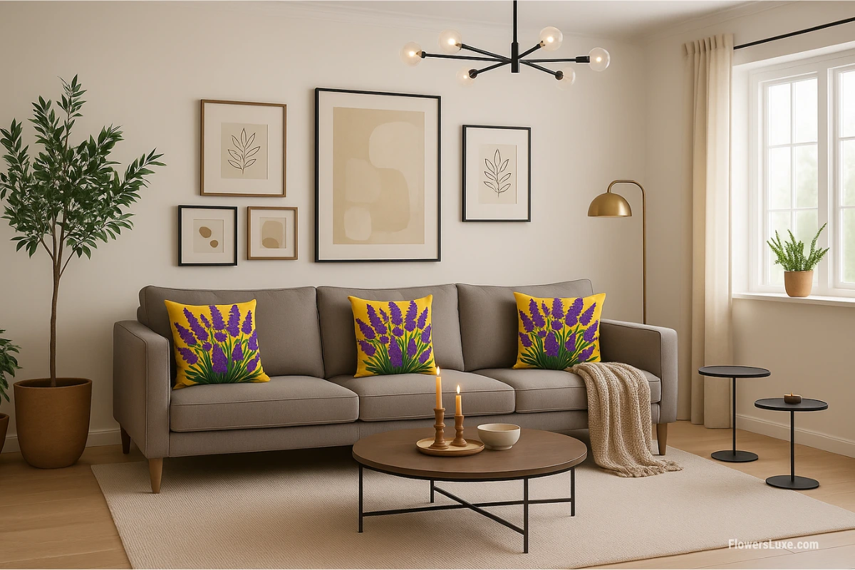Light gray modern sofa with bold yellow throw pillows featuring purple lavender floral designs in a minimalist neutral living room.