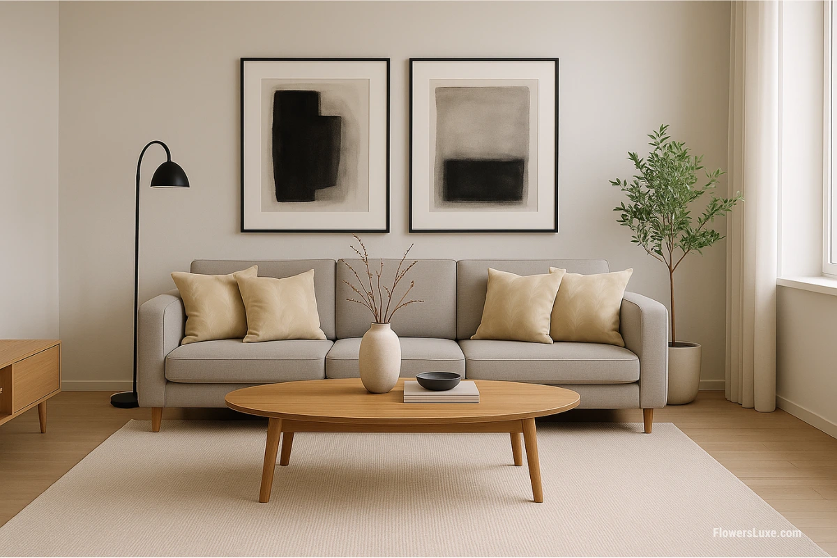 Soft gray minimalist sofa with beige throw pillows featuring pampas grass prints in a Scandinavian-style living room.