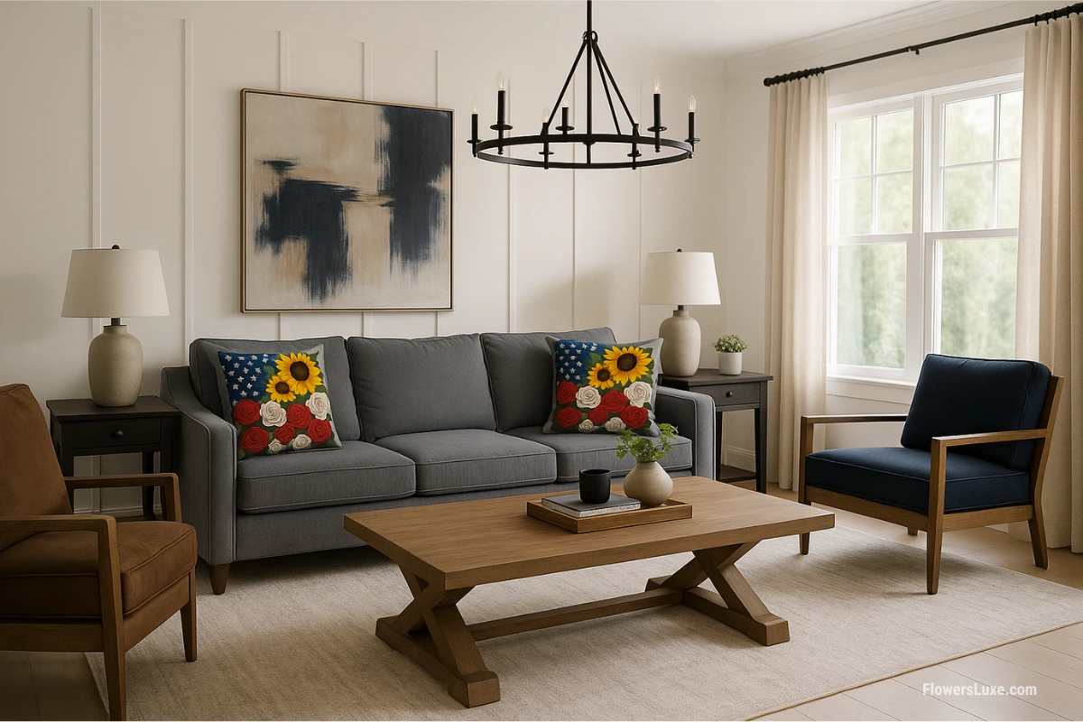 Medium gray fabric sofa with USA flag-inspired floral pillows featuring sunflowers, roses, and stars in a farmhouse-style living room.