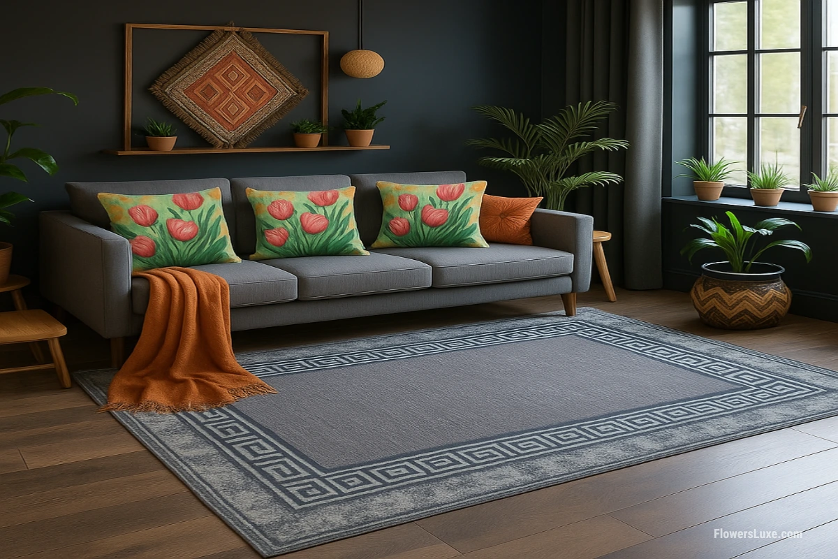 Gray fabric sofa with square throw pillows featuring red tulip flower prints on a green background, accented by an orange blanket and indoor plants.