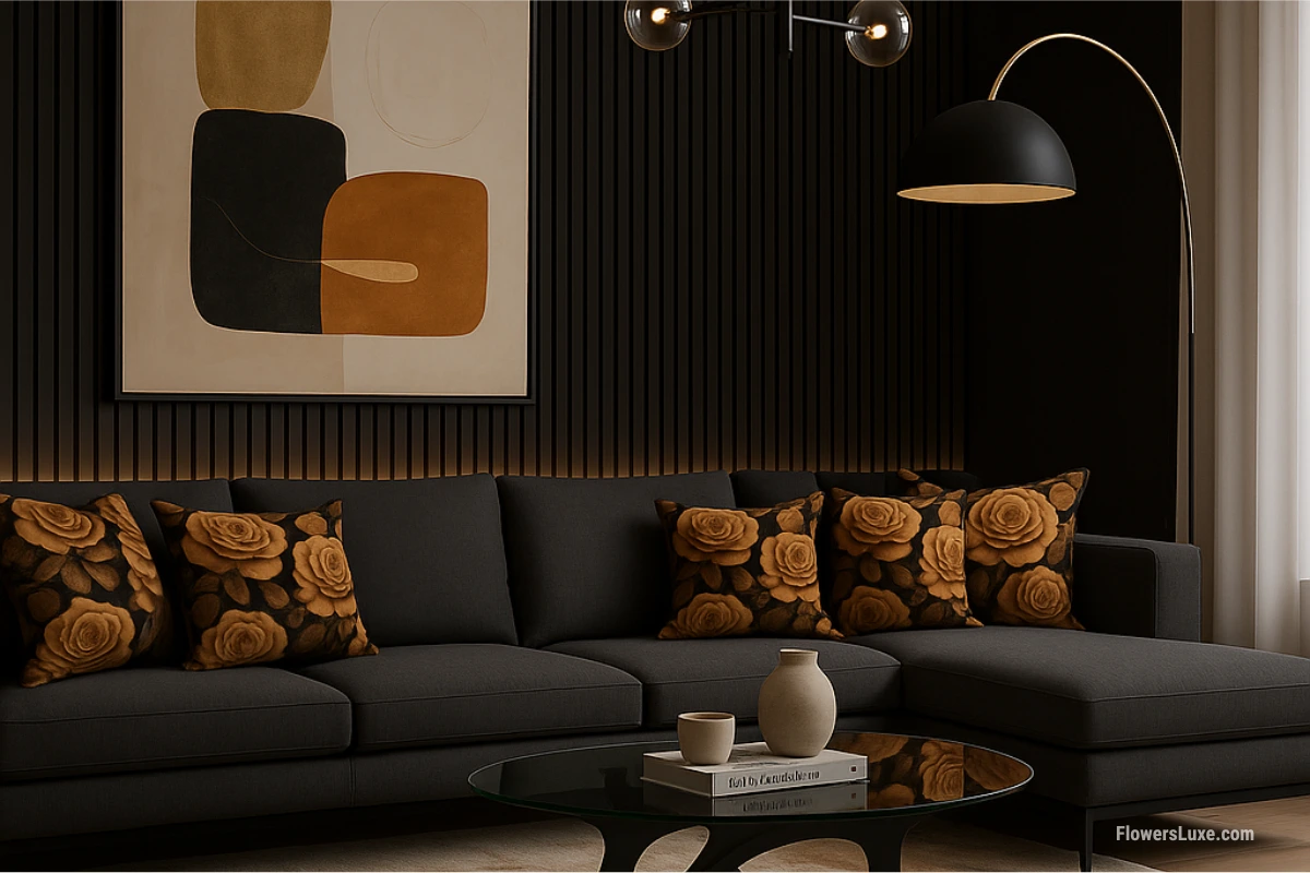 Modern gray sectional sofa with rose-patterned floral pillows in a stylish living room with a black accent wall and minimalist decor.