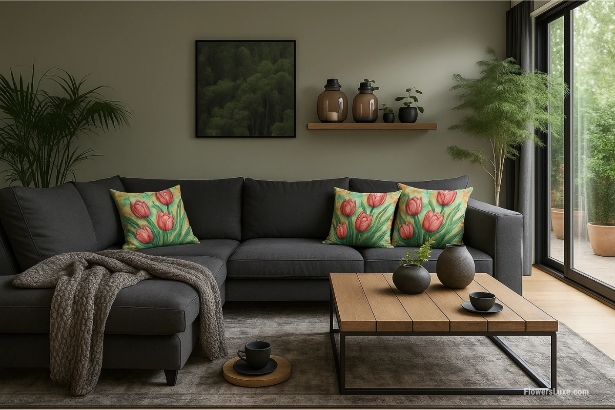 Dark gray sectional sofa with watercolor pink tulip pillows in a cozy living room with wood accents and large windows.