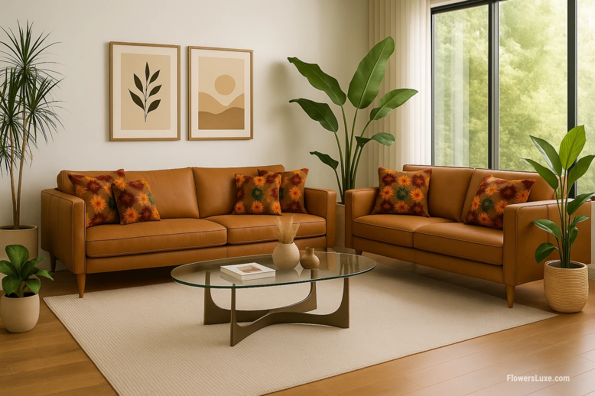 Cognac leather sofas styled with four colorful dahlia print throw pillows in a modern living room