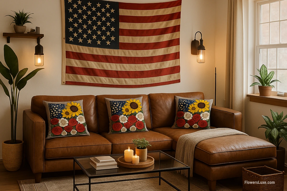 American flag-themed floral throw pillows with sunflowers, roses, and daisies on a brown leather sectional sofa in a patriotic living room