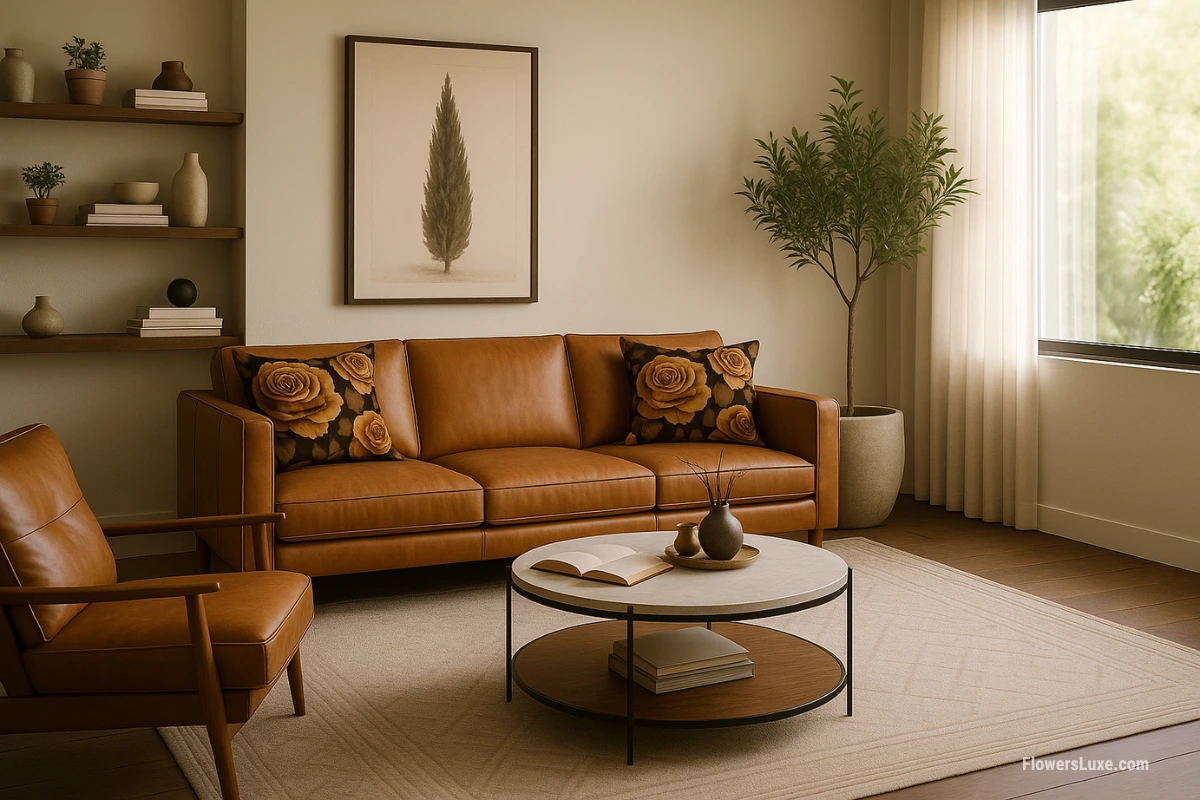 Brown leather sofa with two throw pillows featuring golden rose floral print