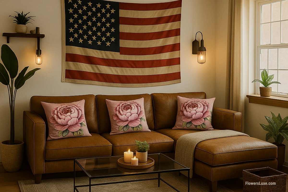 Pink peony flower print throw pillows on a brown leather sectional sofa with a vintage American flag wall hanging
