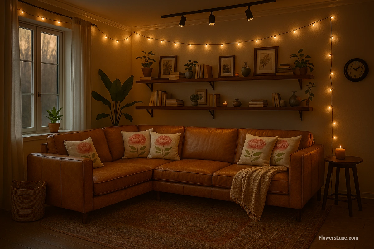 Floral throw pillows with pink peony prints on a caramel leather sectional sofa in a warmly lit living room