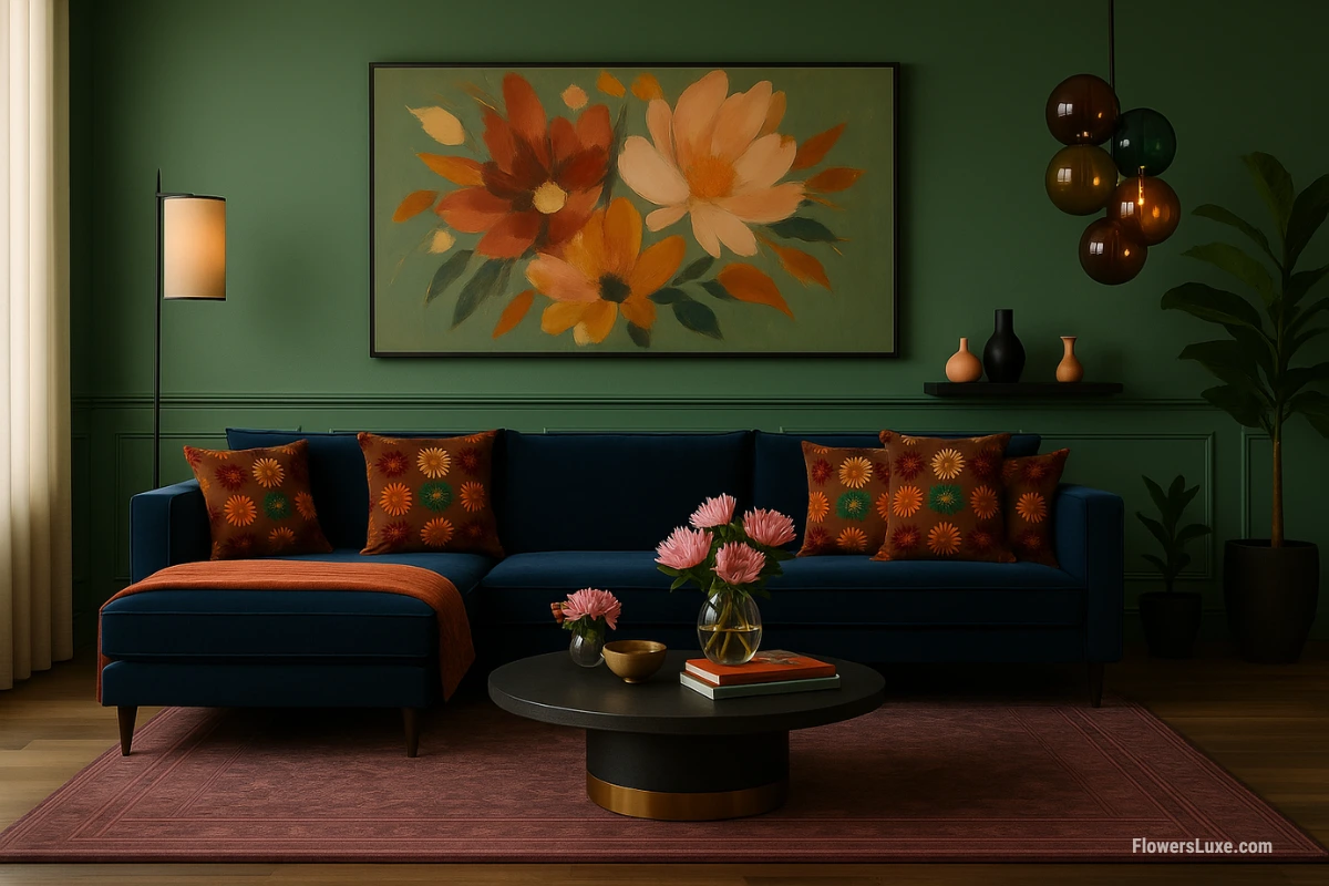 Navy velvet sectional sofa with brown floral pillows featuring green center detail, placed near an earthy green accent wall.
