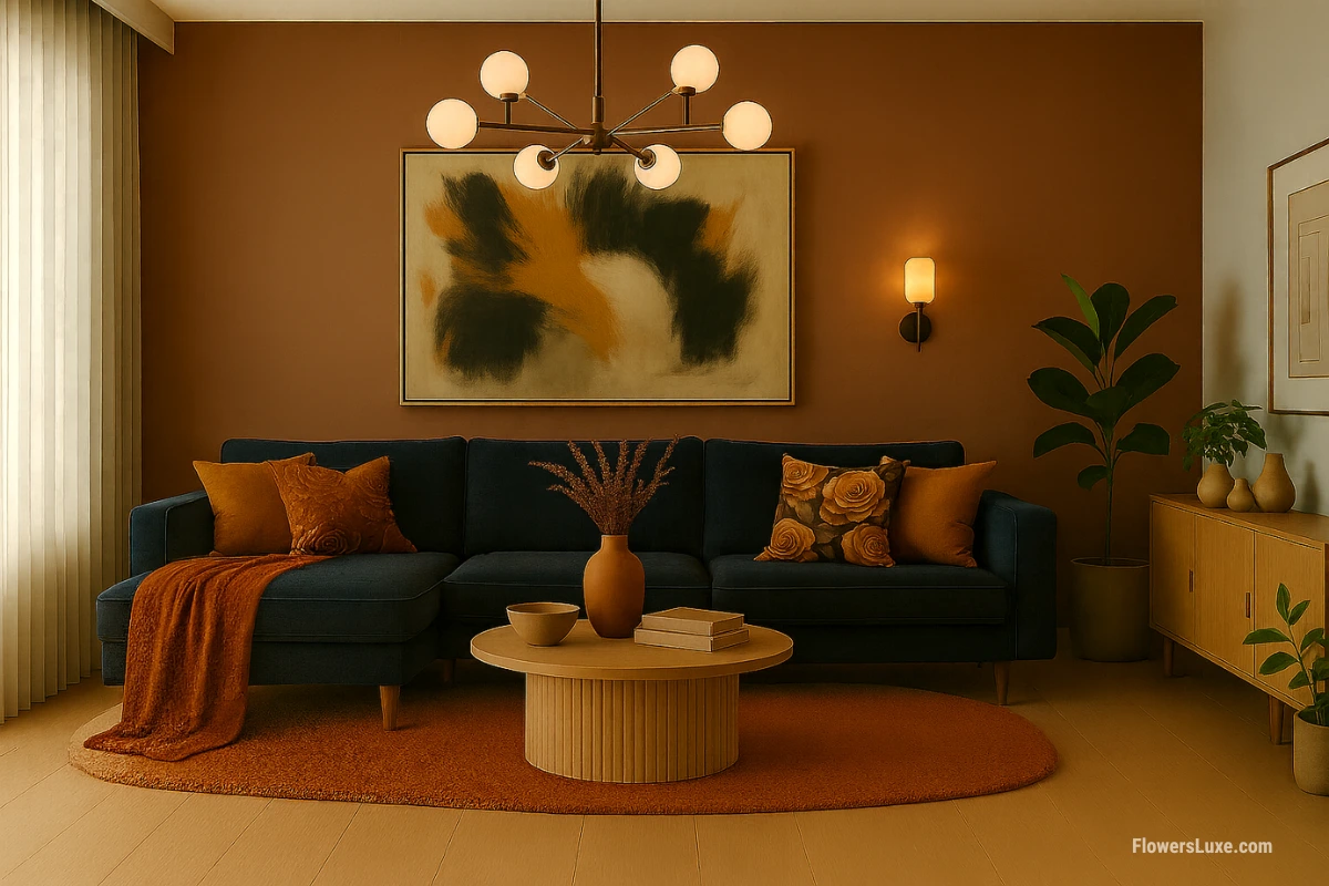 Navy blue sectional sofa with burnt orange rose-print pillow set against terracotta walls and neutral decor.