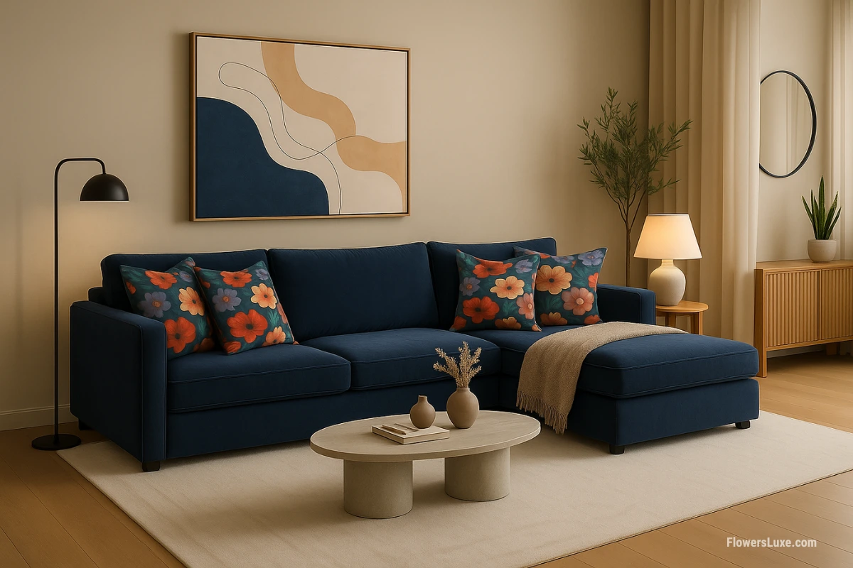 Navy blue sectional sofa with floral throw pillows in red, peach, and violet tones.