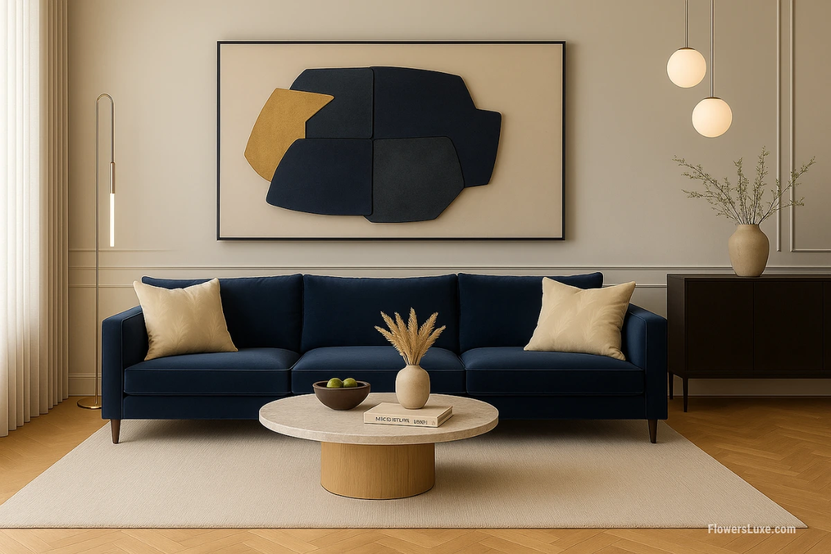 Navy velvet sofa with cream throw pillows featuring pampas grass prints in a minimalist light-toned living room.