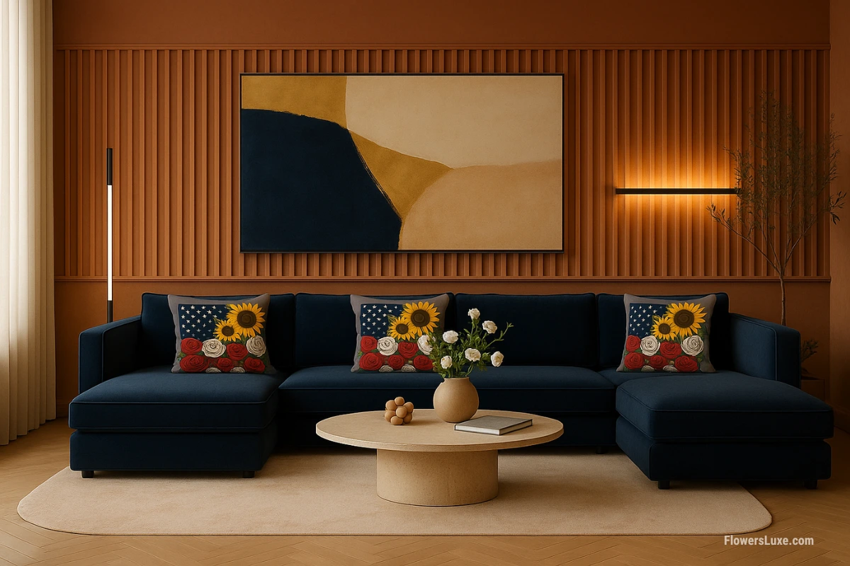 Modern navy sectional sofa with throw pillows featuring a patriotic floral design of sunflowers, roses, and stars.