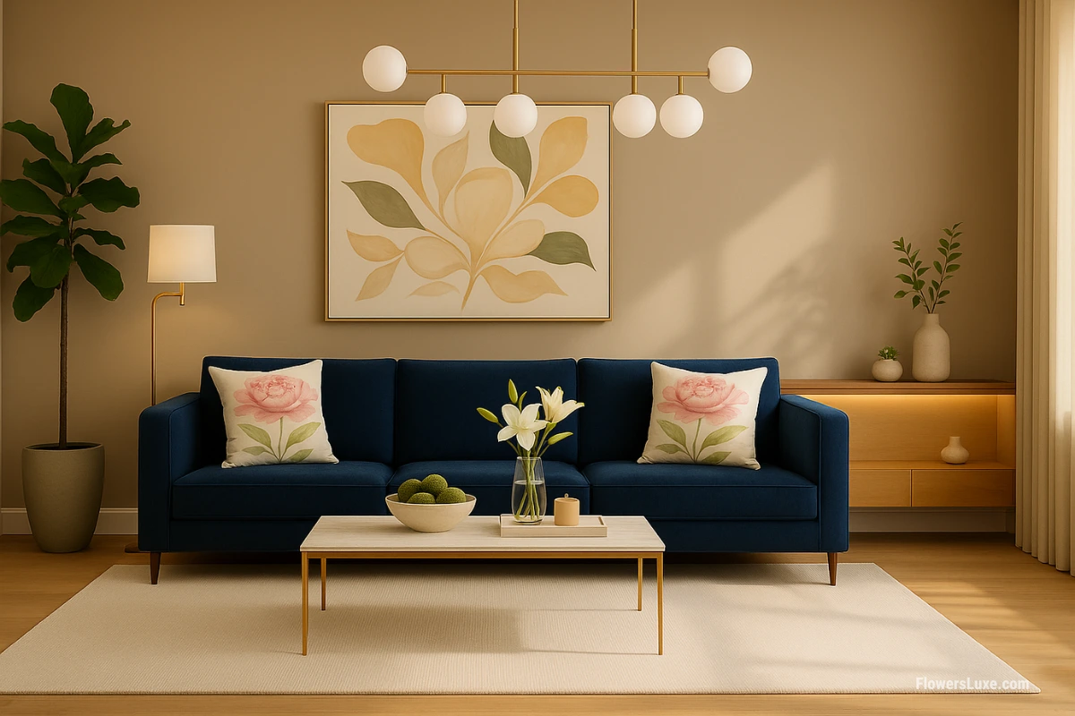 Contemporary navy couch with matching throw pillows showcasing a soft pink floral design against neutral decor.