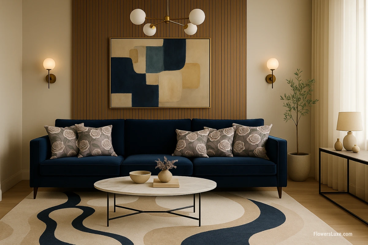 Deep navy couch with elegant quicksand rose pillows in a light modern living room with wood accents and a geometric rug.