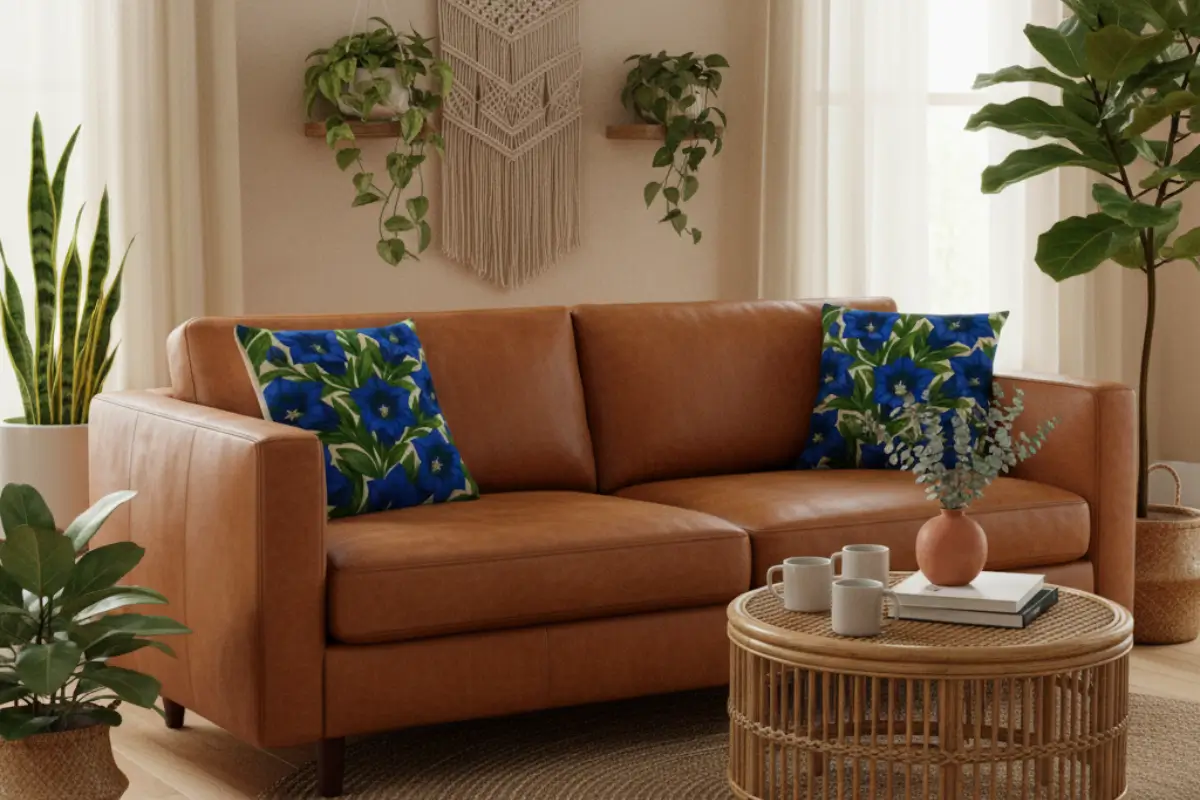 Cozy boho-chic living room with caramel leather sofa styled with vibrant blue trumpet gentian flower pillow designs and natural textures