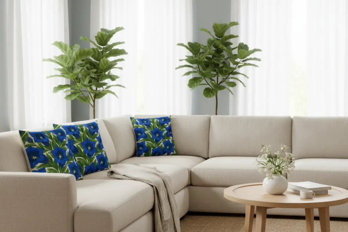 Luxurious coastal living room with beige sectional and vivid blue trumpet gentian flower pillow designs with sage green walls