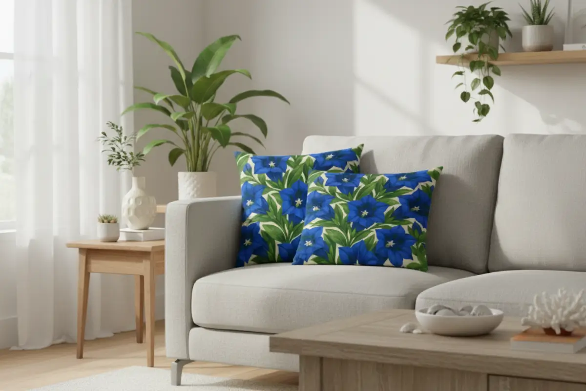 Coastal living room interior with soft seaside light, featuring a white linen sofa styled with blue trumpet gentian flower pillow designs
