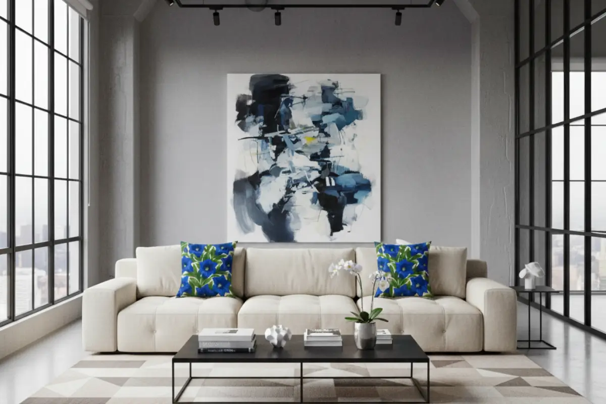 Industrial art loft with exposed brick and contemporary furniture featuring trumpet gentian botanical flower pillows