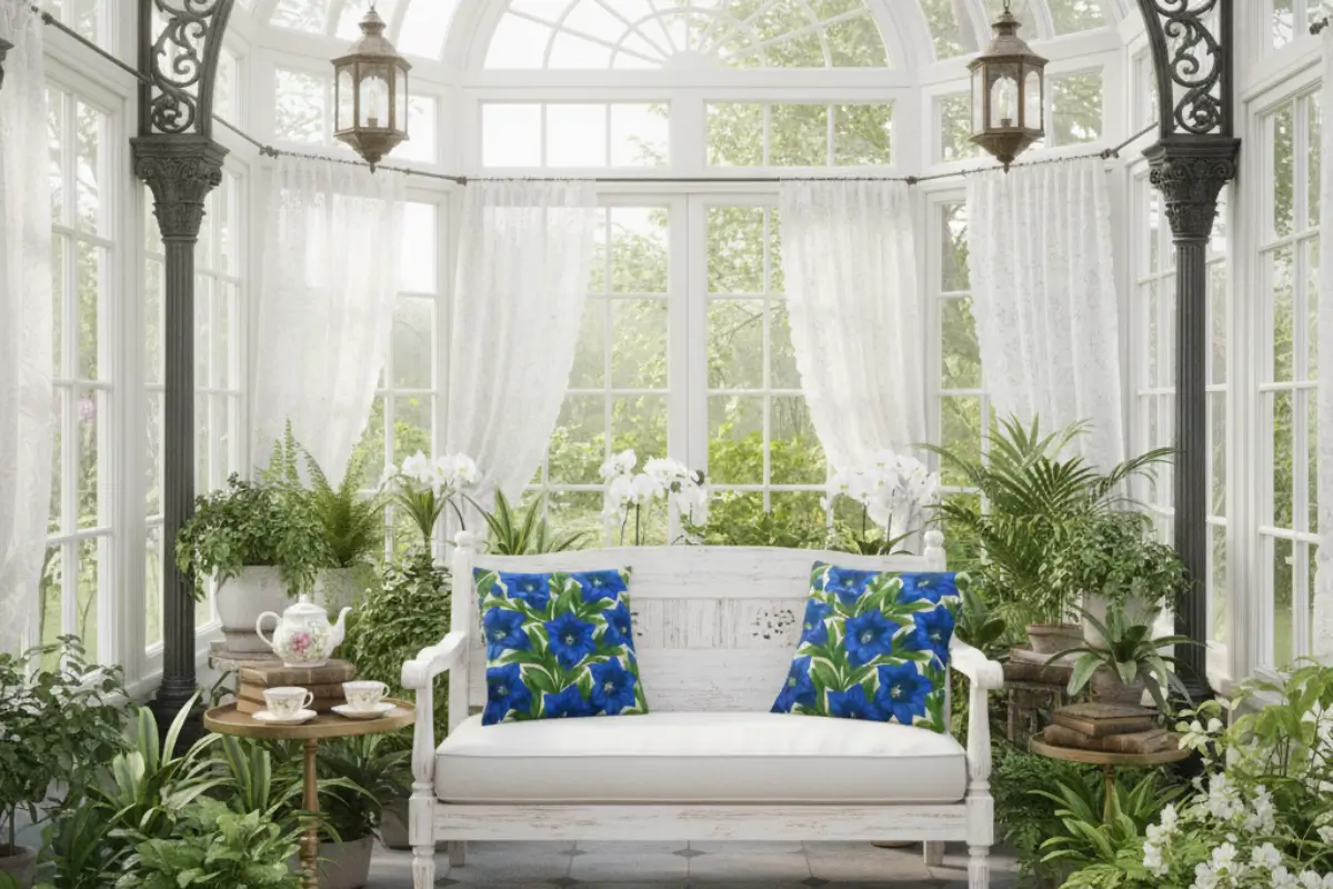 Bright English conservatory with wicker furniture and trumpet gentian flower pillows bringing Alpine meadow vibes indoors