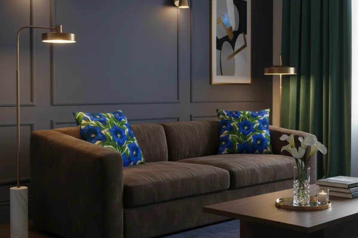 Sophisticated dark luxury living room with navy walls and vibrant blue trumpet gentian pillows creating jewel-tone drama