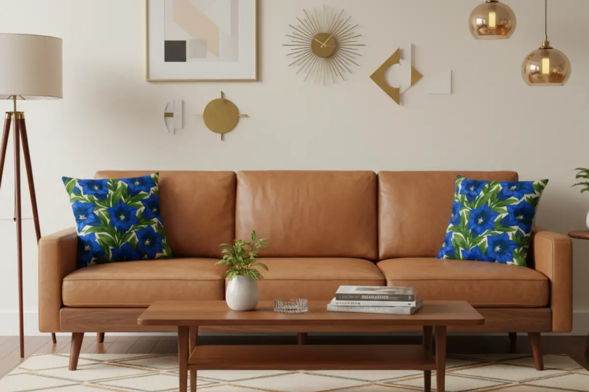 Mid-century modern living room featuring mustard yellow sofa with trumpet gentian blue flower pillows creating stunning contrast