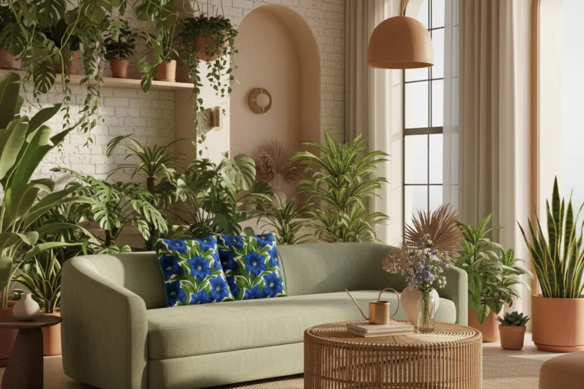 Modern botanical studio space with abundant plants and blue trumpet gentian flower pillows on neutral seating