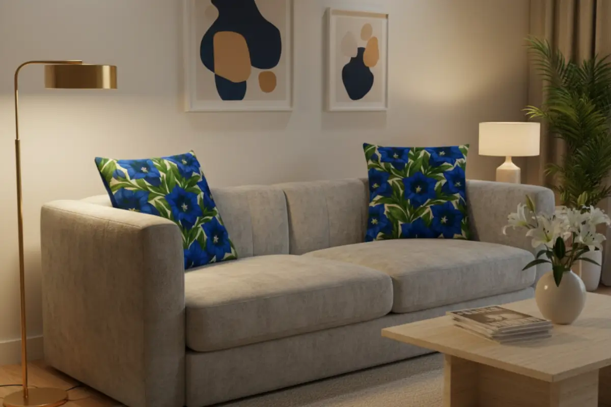 Contemporary living room at evening with warm lighting highlighting blue trumpet gentian flower pillows on cream furniture