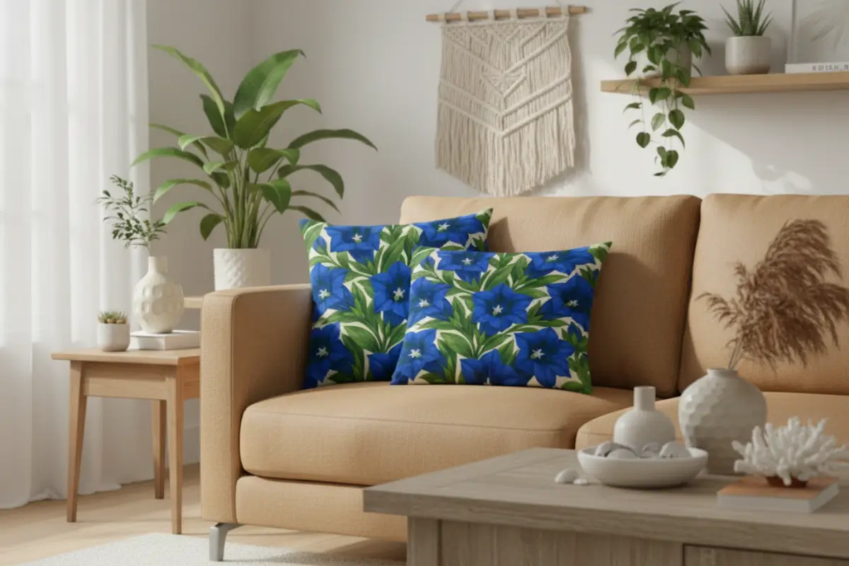 Modern farmhouse living room with rustic wood elements and cream sofa styled with trumpet gentian botanical pillows