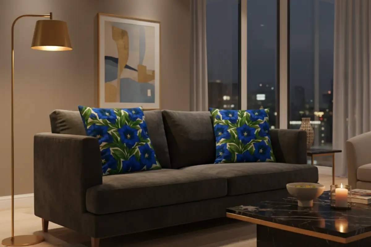 Luxurious modern living room at night with ambient lighting and trumpet gentian blue flower pillows as focal elements