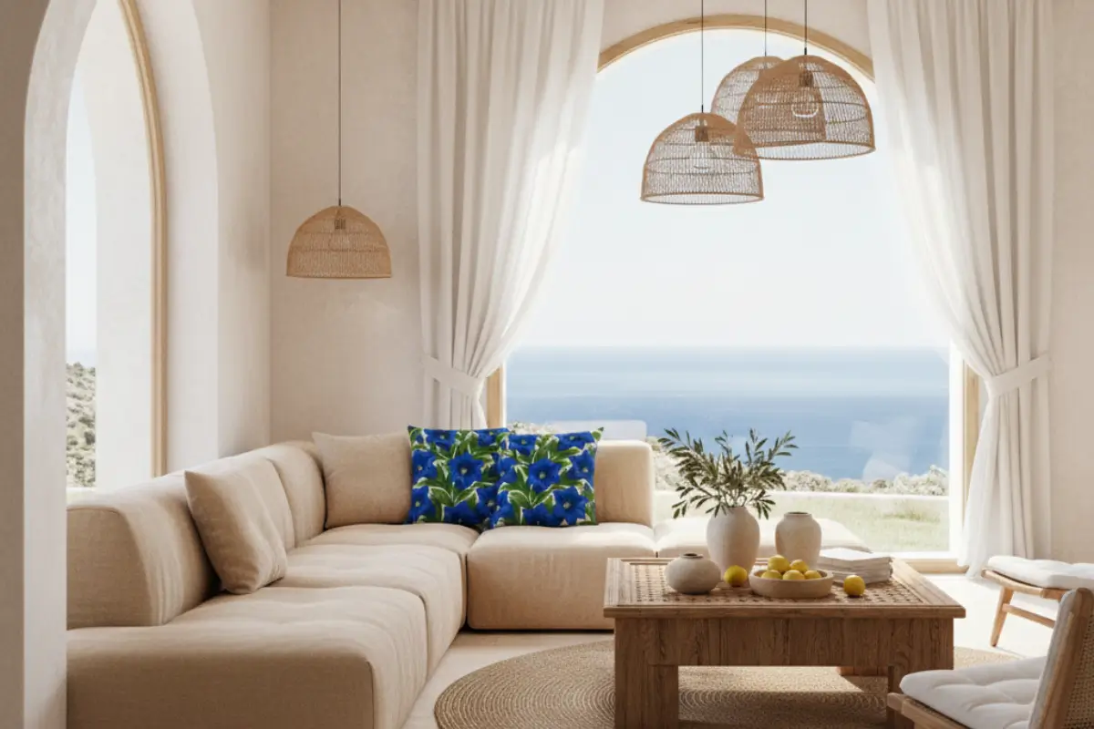 Modern Mediterranean living room with terracotta tones and blue trumpet gentian pillows creating warm-cool balance