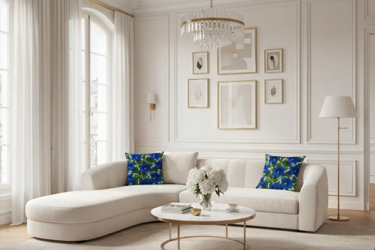 Elegant Parisian living room with tufted gray sofa and trumpet gentian flower pillows adding refined botanical charm