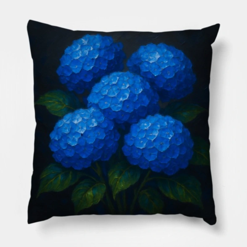 Blue hydrangea pillow with impasto petals against dark grey background, metallic silver streaks and green foliage
