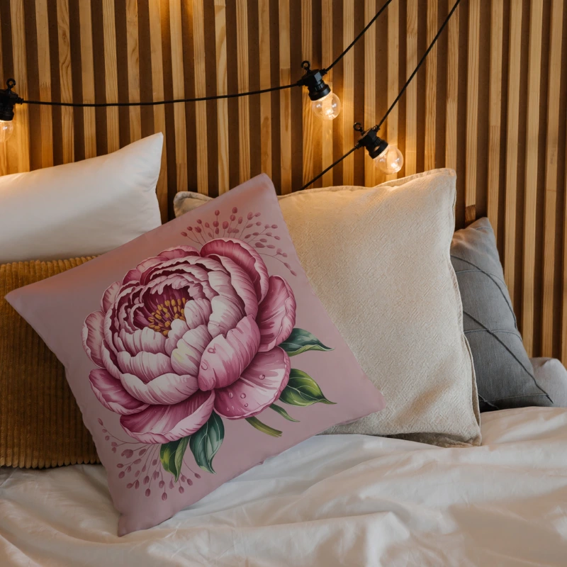 Watercolor peony pillow on accent chair in soft feminine space