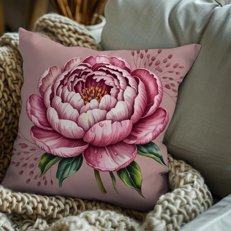 Peony watercolor throw pillow styled on bed with romantic decor