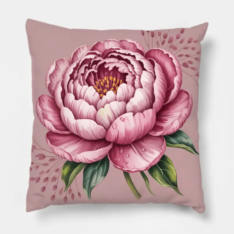 Pink peony throw pillow with layered petals on soft background