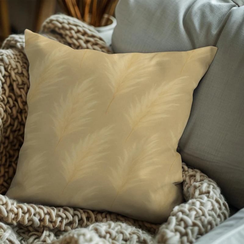 Pampas grass pattern pillow on bohemian sofa with natural fiber decor