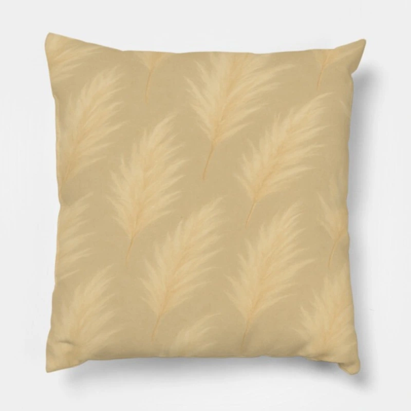 Boho pampas grass throw pillow with flowing bleached plumes on warm greige background