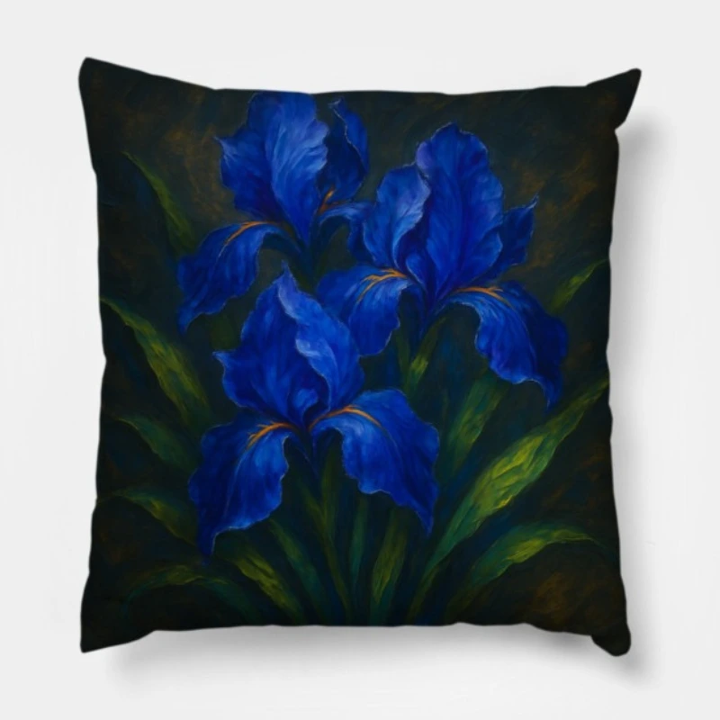 Cobalt blue iris impasto pillow with jewel-like indigo petals and emerald leaves on charcoal