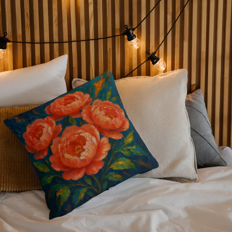 Coral peony oil-impasto throw pillow on light bedding, blue-teal backdrop with golden highlights and green leaves