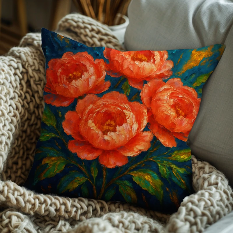 Coral peony impasto pillow on charcoal sofa with blue background tones, layered petals, green leaves details
