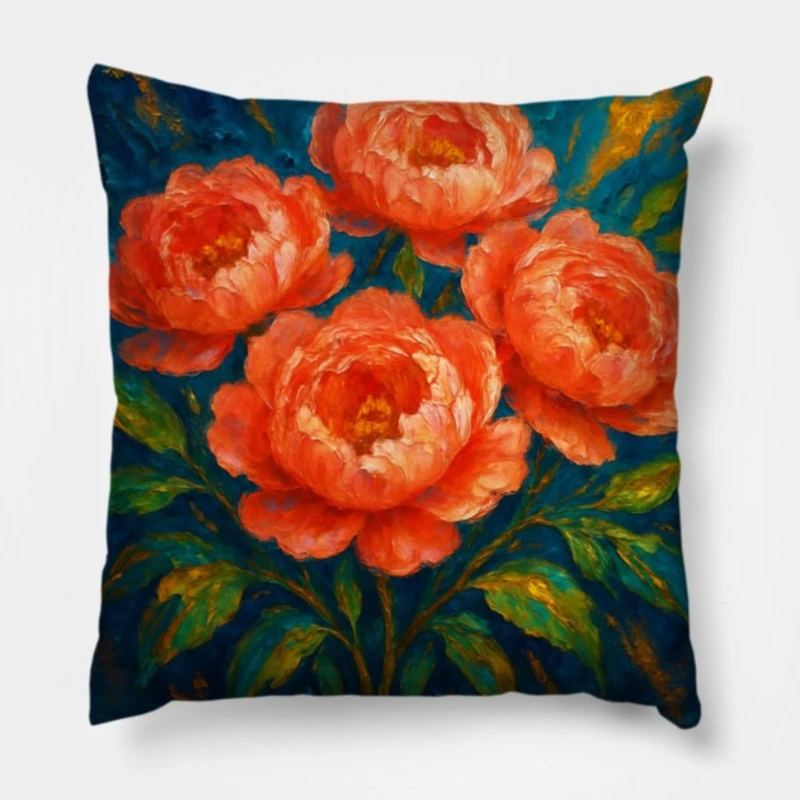 Coral peony pillow with oil-impasto petals, deep blue teal background, golden accents, and green leaves details