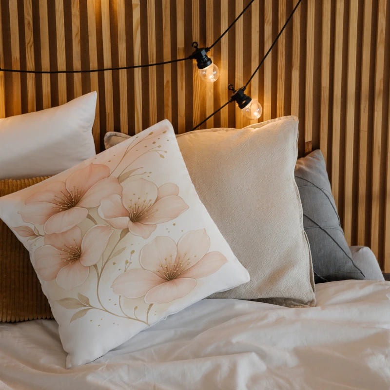 Dusty rose throw pillow on a romantic bedroom with soft pink and gold accents