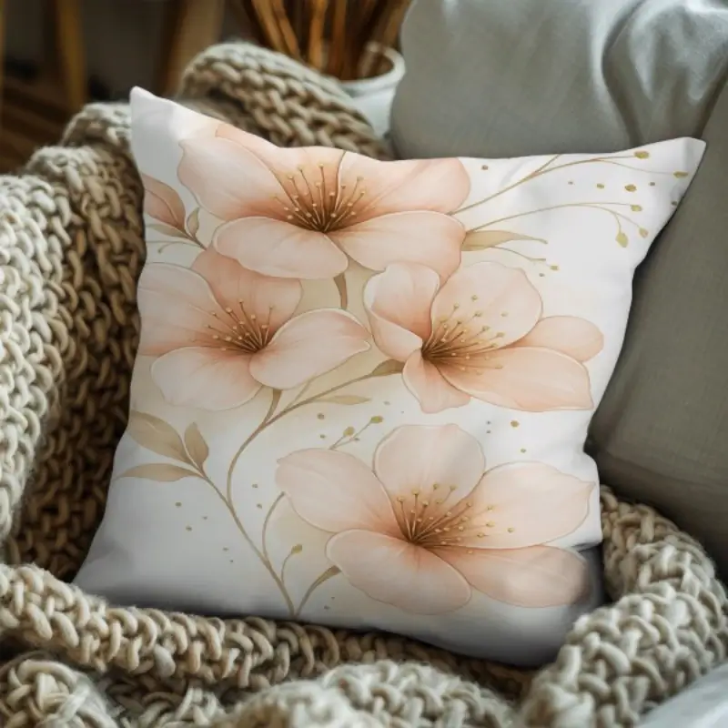Dusty rose pillow styled on a neutral sofa in an elegant feminine living room