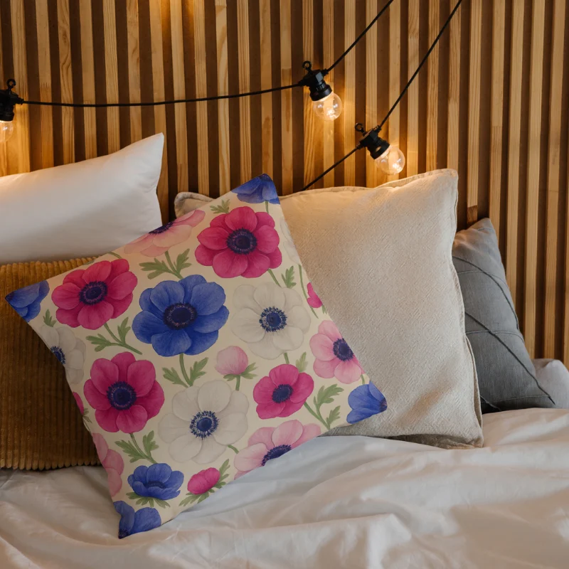 Decorative Anemone watercolor throw pillow layered on a bed with elegant linens