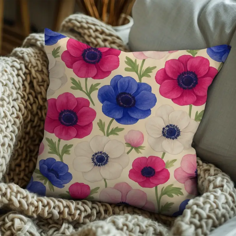 Anemone watercolor floral throw pillow styled on a sofa with cozy modern decor