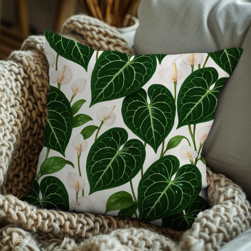 Modern floral throw pillow with Anthurium crystallinum design styled on a contemporary sofa