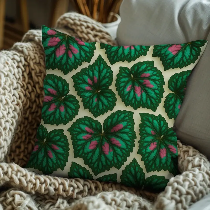 Modern floral throw pillow with Begonia Rex pattern styled on a neutral sofa